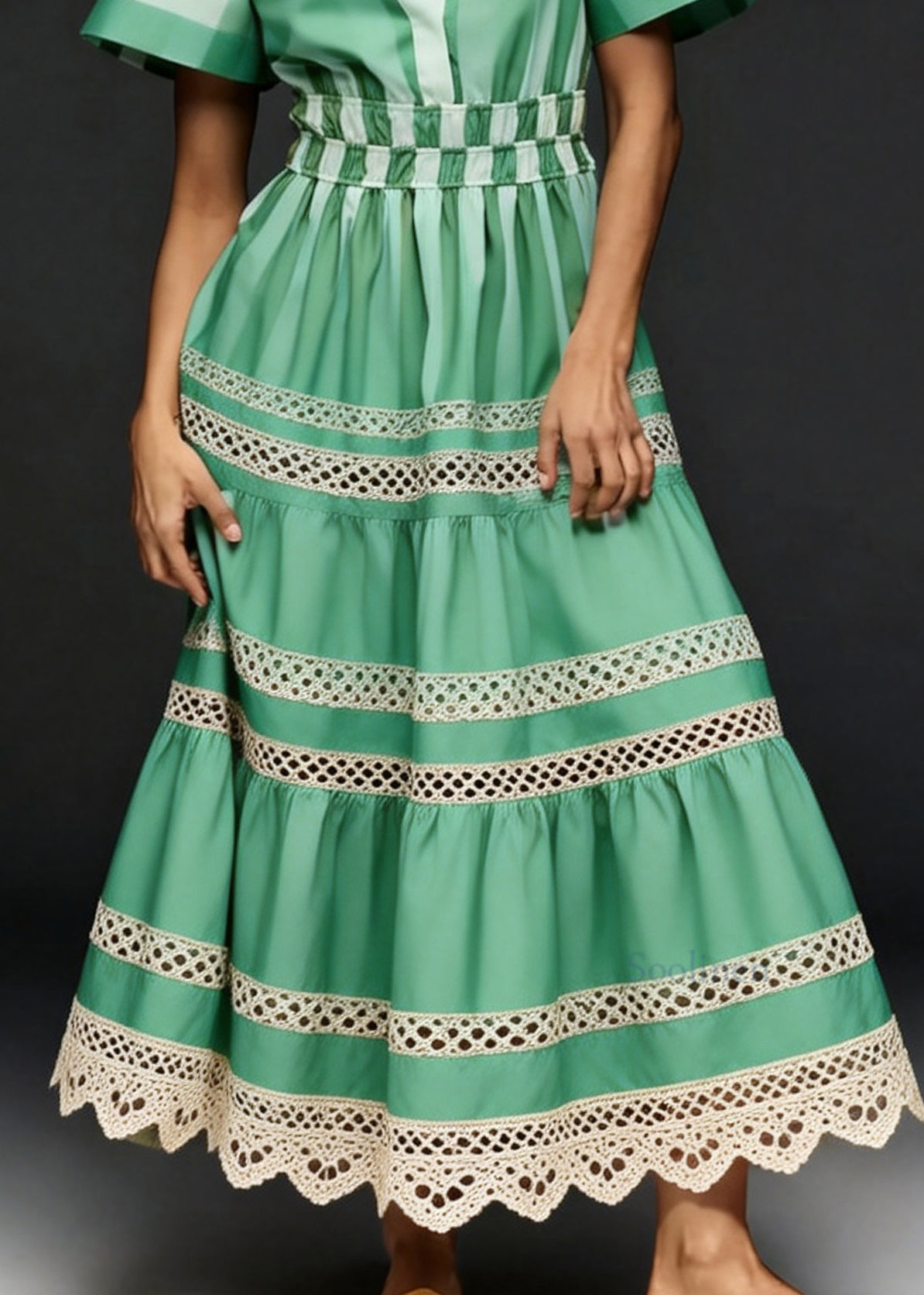 Unique Green V Neck Hollow Out Patchwork Cotton Long Dresses Summer