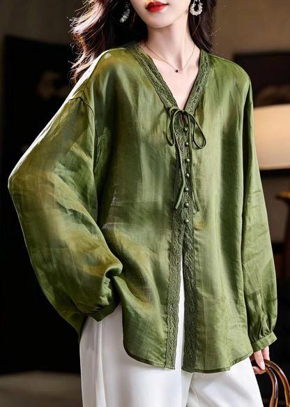Unique Green V Neck Lace Up Shirt Top Lantern Sleeve