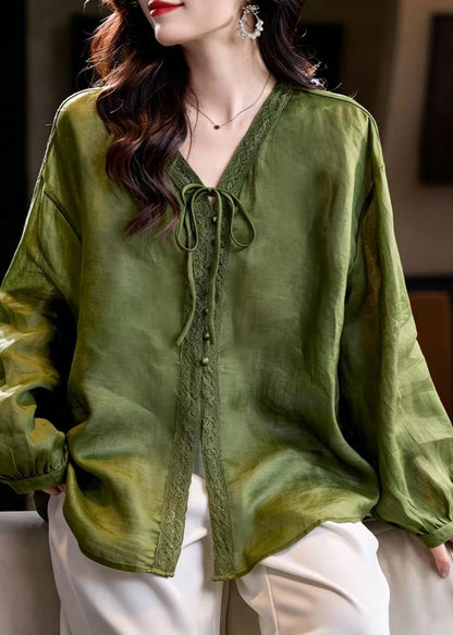 Unique Green V Neck Lace Up Shirt Top Lantern Sleeve