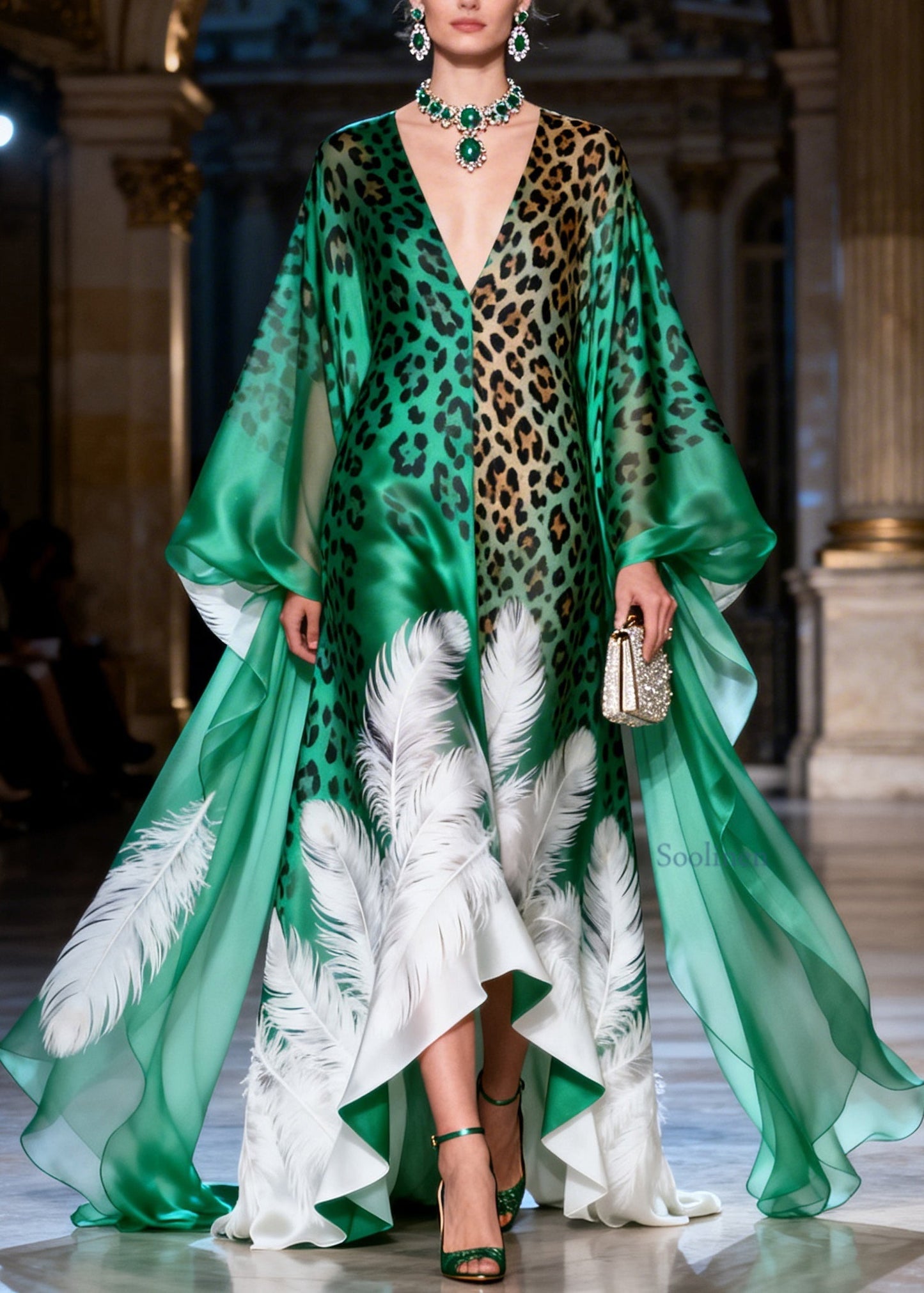 Unique Green V Neck Leopard Feather Print Silk Long Dress Summer