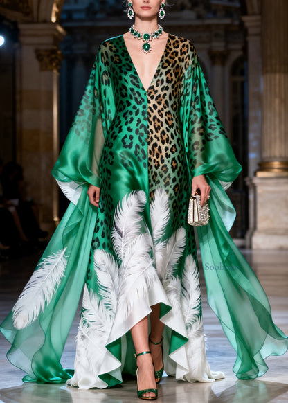 Unique Green V Neck Leopard Feather Print Silk Long Dress Summer