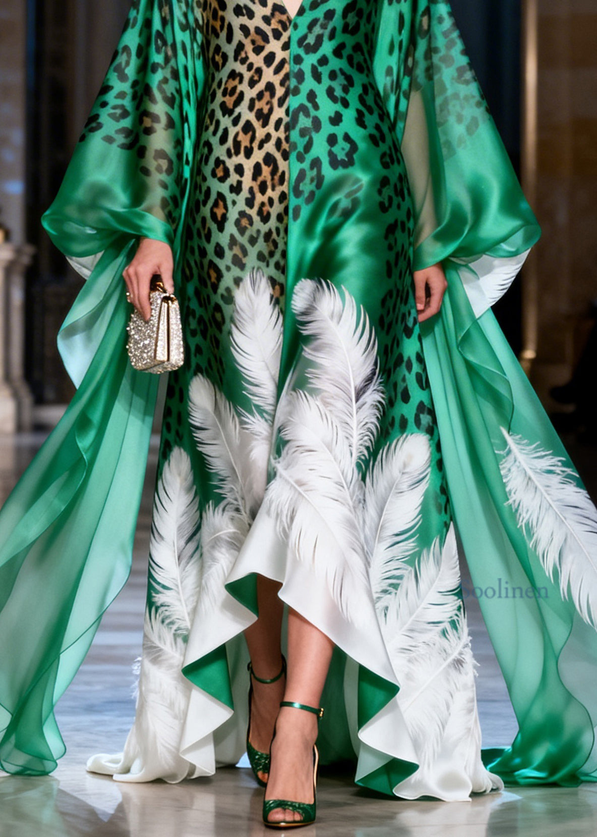 Unique Green V Neck Leopard Feather Print Silk Long Dress Summer