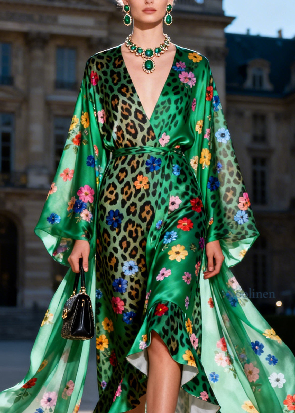 Unique Green V Neck Print Ruffled Patchwork Silk Ankle Dresses Summer