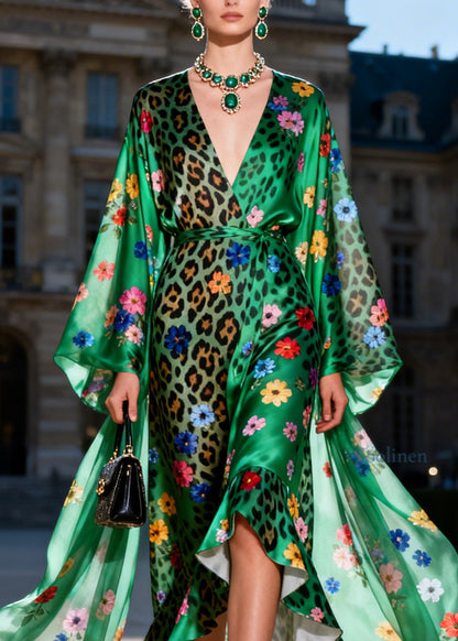 Unique Green V Neck Print Ruffled Patchwork Silk Ankle Dresses Summer
