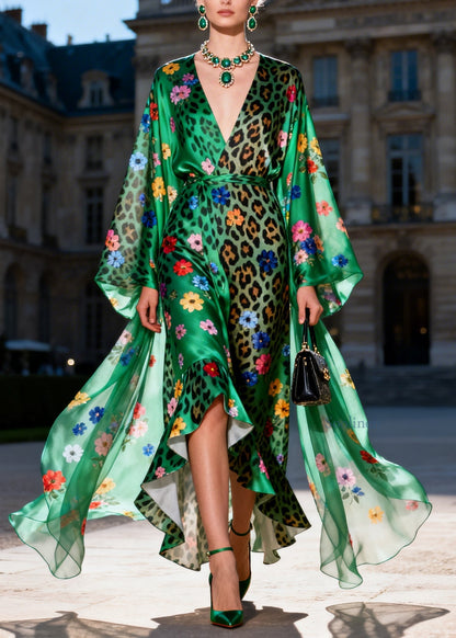 Unique Green V Neck Print Ruffled Patchwork Silk Ankle Dresses Summer