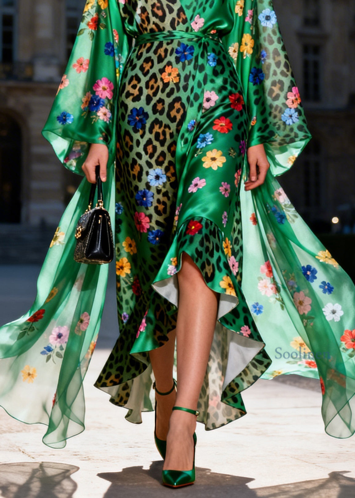 Unique Green V Neck Print Ruffled Patchwork Silk Ankle Dresses Summer
