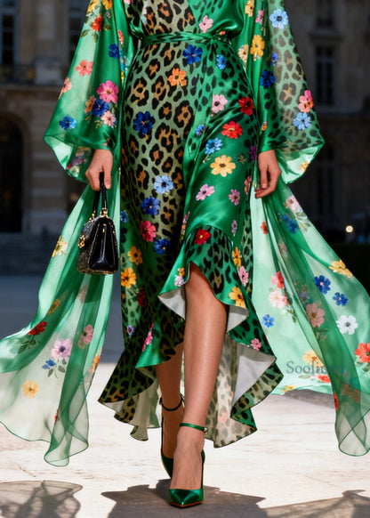 Unique Green V Neck Print Ruffled Patchwork Silk Ankle Dresses Summer