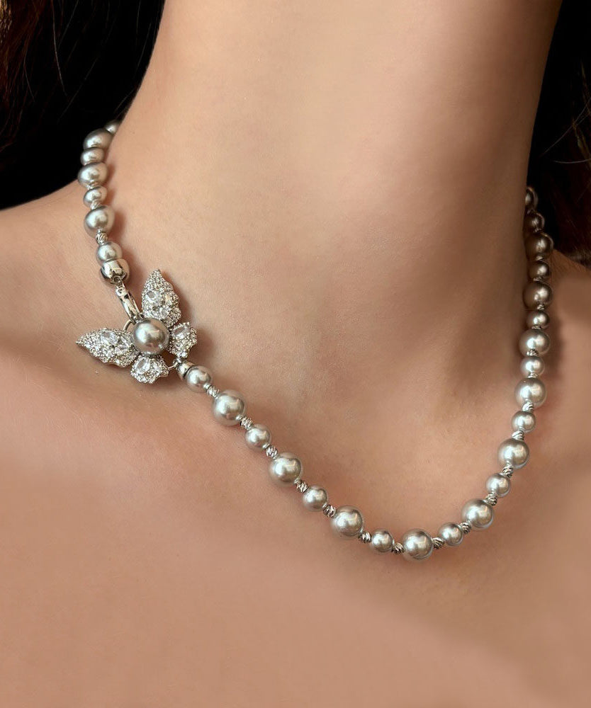 Unique Grey Alloy Zircon Butterfly Pendant Necklace