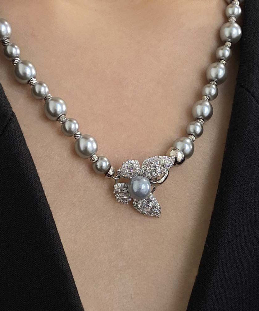 Unique Grey Alloy Zircon Butterfly Pendant Necklace