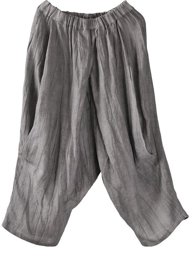 Unique Grey Elastic Waist Cotton Linen Wide Leg Summer Pants - SooLinen
