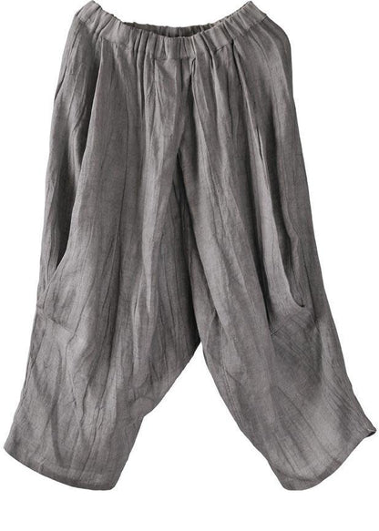 Unique Grey Elastic Waist Cotton Linen Wide Leg Summer Pants - SooLinen