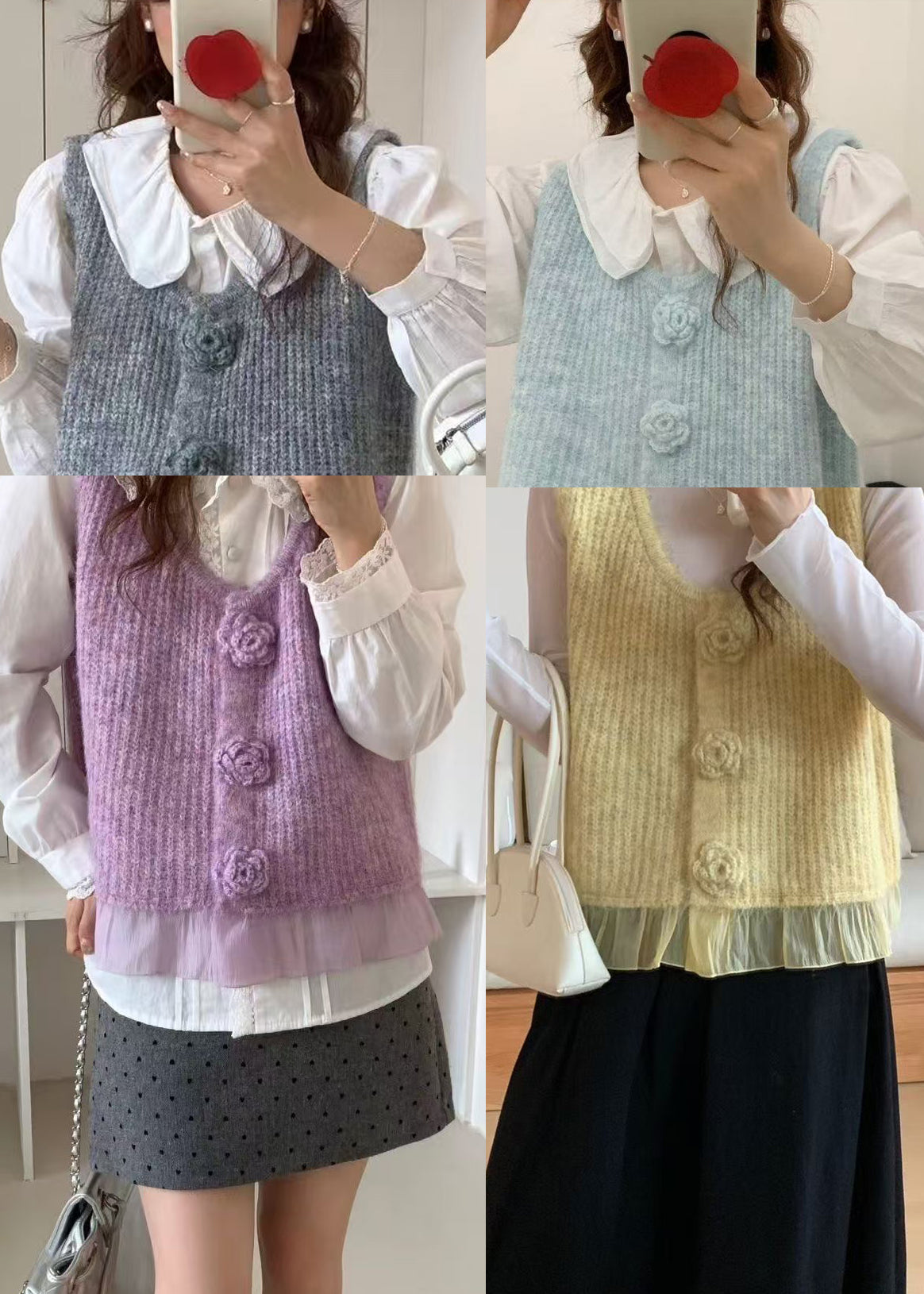 Unique Grey Floral Decorated Patchwork Knit Vests Spring