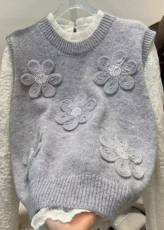 Unique Grey Floral Knit Vest And Shirts 2 Piece Outfit Spring