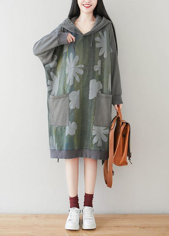Unique Grey Hooded Pockets Patchwork Print Fall Sweatshirt Dress - SooLinen