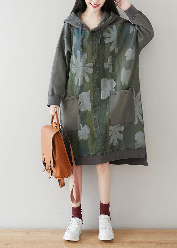 Unique Grey Hooded Pockets Patchwork Print Fall Sweatshirt Dress - SooLinen