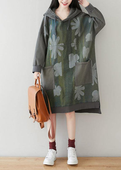 Unique Grey Hooded Pockets Patchwork Print Fall Sweatshirt Dress - SooLinen