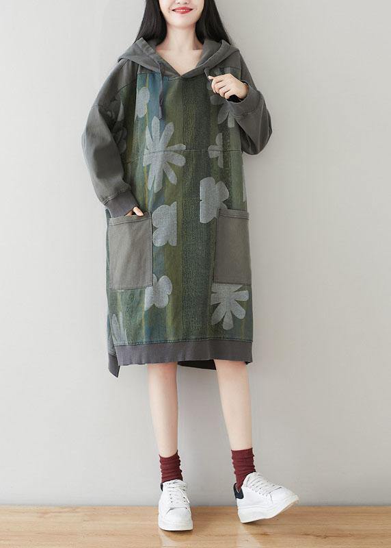 Unique Grey Hooded Pockets Patchwork Print Fall Sweatshirt Dress - SooLinen