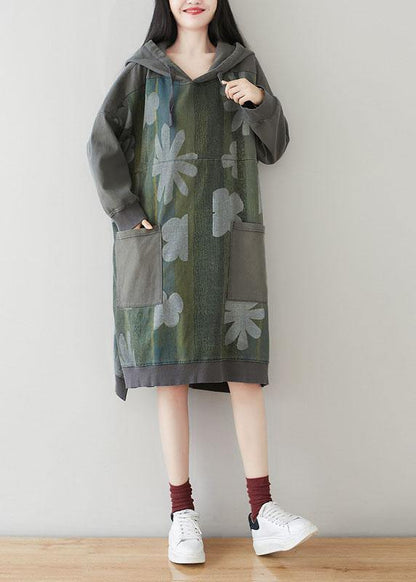 Unique Grey Hooded Pockets Patchwork Print Fall Sweatshirt Dress - SooLinen