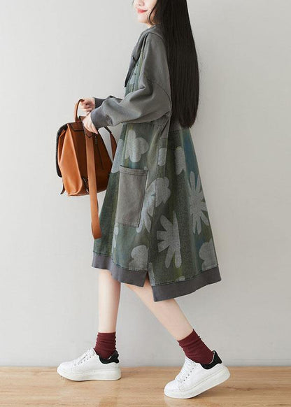 Unique Grey Hooded Pockets Patchwork Print Fall Sweatshirt Dress - SooLinen