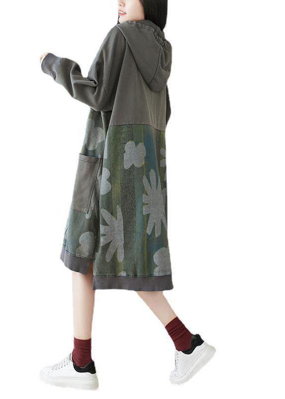 Unique Grey Hooded Pockets Patchwork Print Fall Sweatshirt Dress - SooLinen