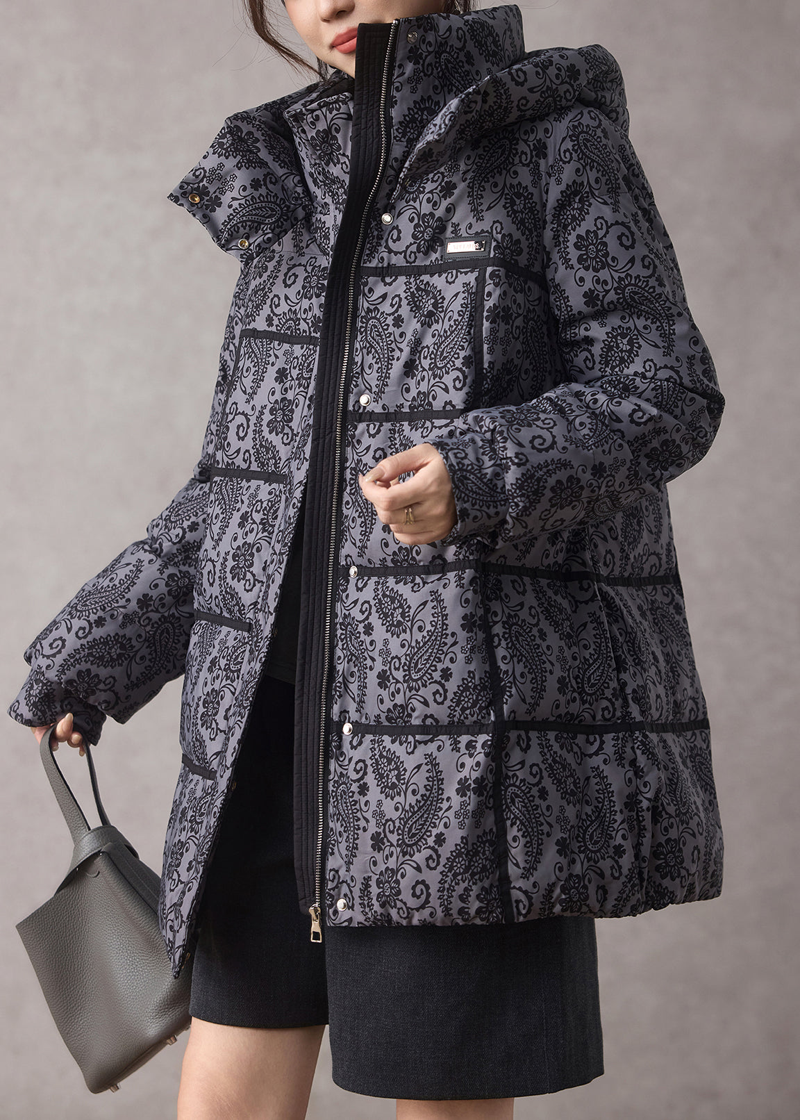 Unique Grey Hooded Print Fine Cotton Filled Parkas Winter