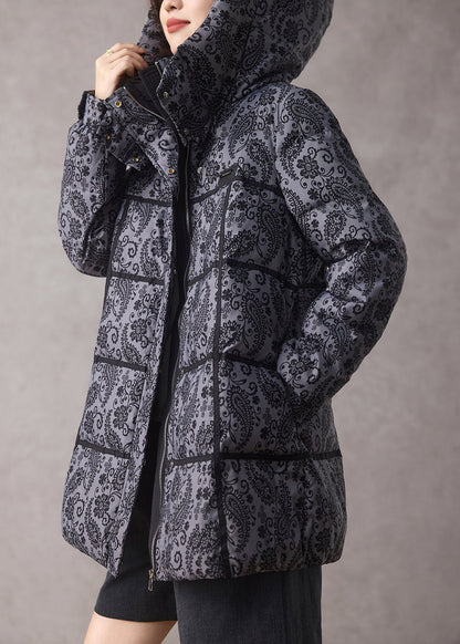 Unique Grey Hooded Print Fine Cotton Filled Parkas Winter