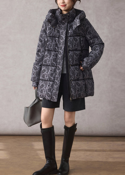 Unique Grey Hooded Print Fine Cotton Filled Parkas Winter