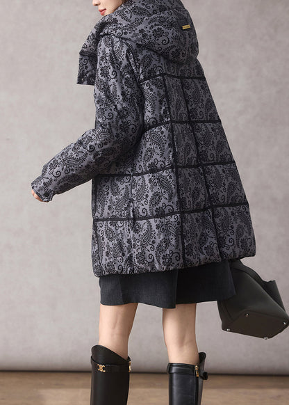 Unique Grey Hooded Print Fine Cotton Filled Parkas Winter