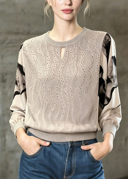 Unique Grey O Neck Chiffon Print Patchwork Knit Top Spring