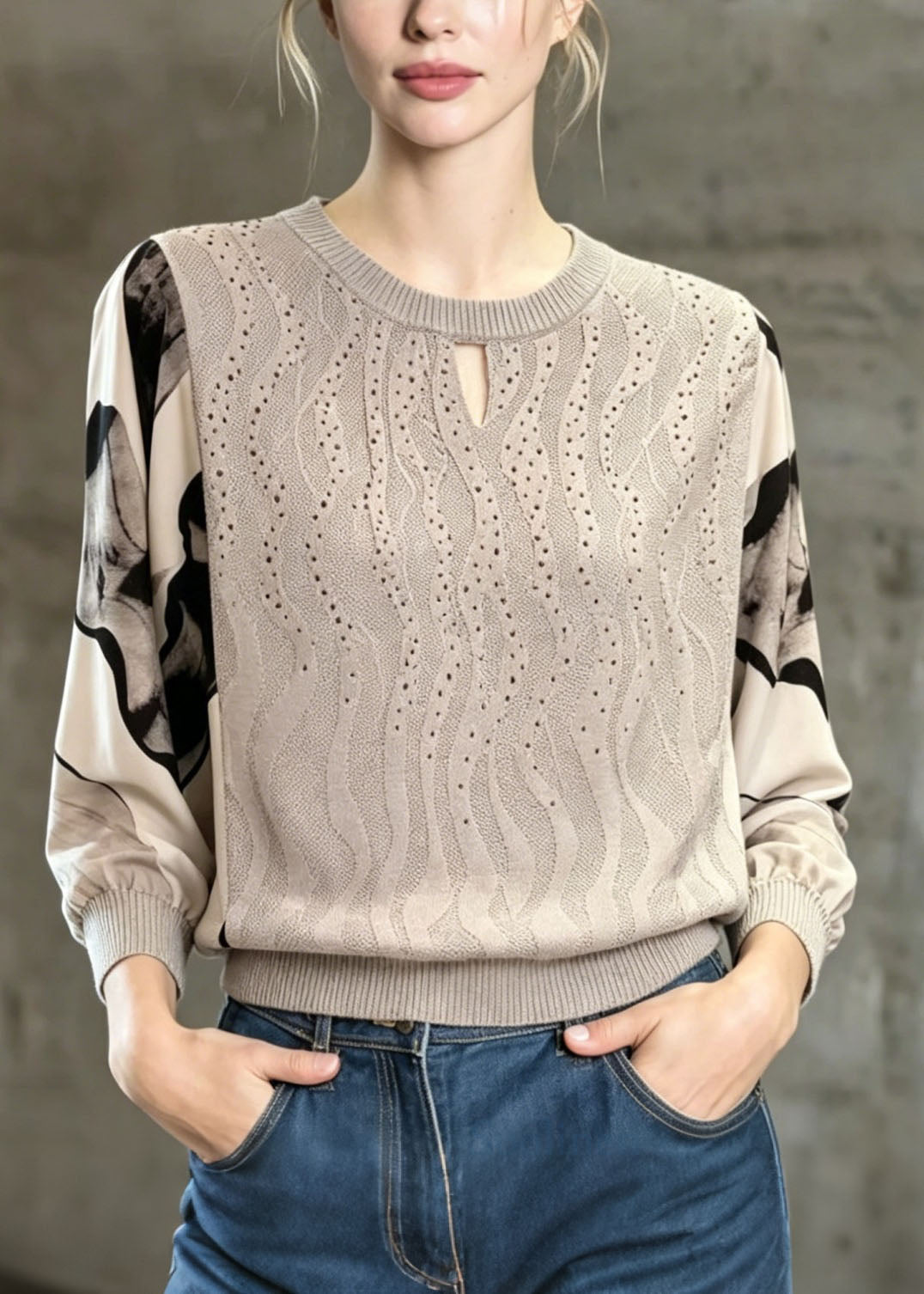 Unique Grey O Neck Chiffon Print Patchwork Knit Top Spring