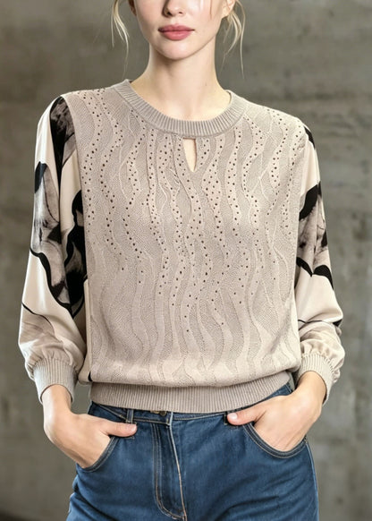 Unique Grey O Neck Chiffon Print Patchwork Knit Top Spring
