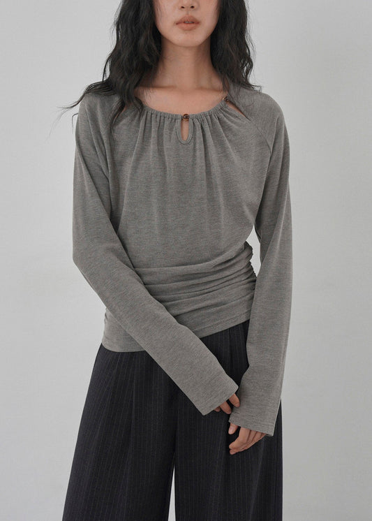 Unique Grey O Neck Hollow Out Wrinkled Cotton Top Spring