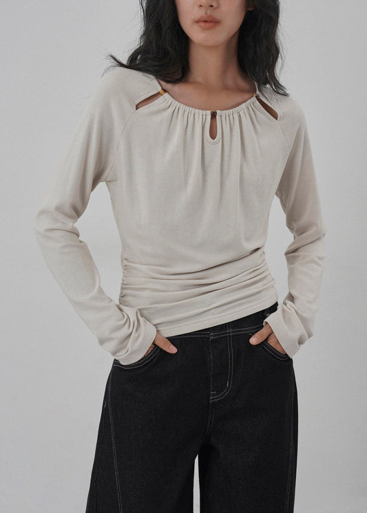 Unique Grey O Neck Hollow Out Wrinkled Cotton Top Spring