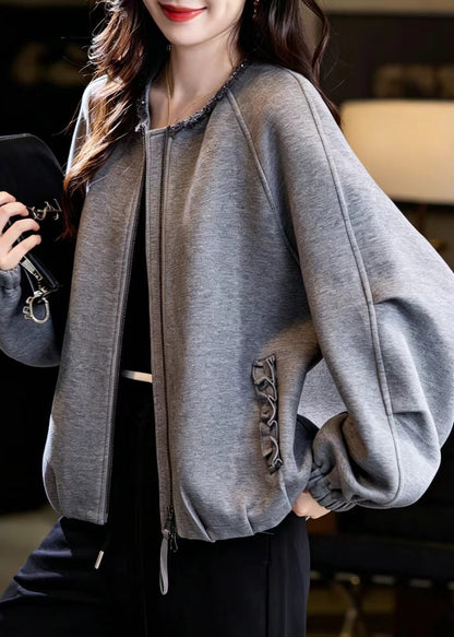 Unique Grey O-Neck Nail Bead Zip Up Cotton Jacket Fall