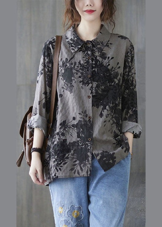 Einzigartige graue Peter Pan Kragen Button Print Herbst Blusen Langarm