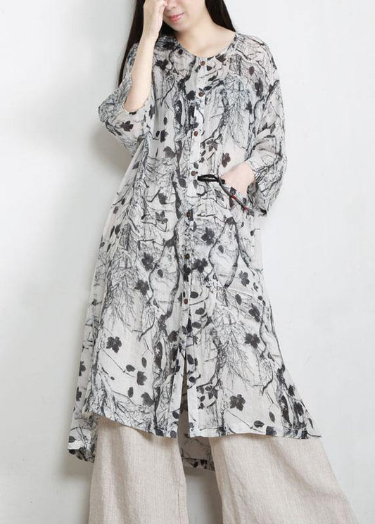 Unique Grey Print Patchwork Asymmetrical Design Ramie Top Fall - SooLinen