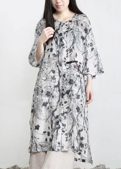 Unique Grey Print Patchwork Asymmetrical Design Ramie Top Fall - SooLinen