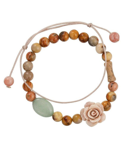 Einzigartiges, handgestricktes, zweiteiliges Armbandset mit Rosenperlen und Edelsteinen