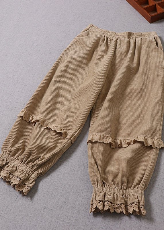 Unique Khaki Lace Patchwork Corduroy Pants Winter