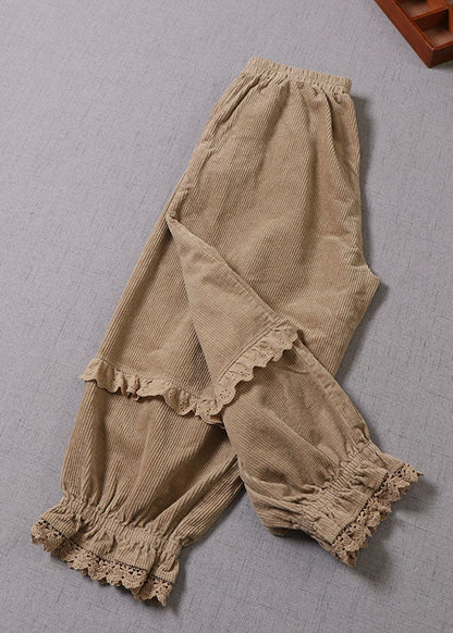 Unique Khaki Lace Patchwork Corduroy Pants Winter