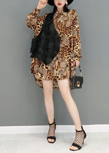 Einzigartige Khaki Leopard Print Patchwork Quaste Chiffon Bluse Tops Frühling