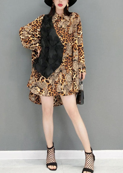 Einzigartige Khaki Leopard Print Patchwork Quaste Chiffon Bluse Tops Frühling