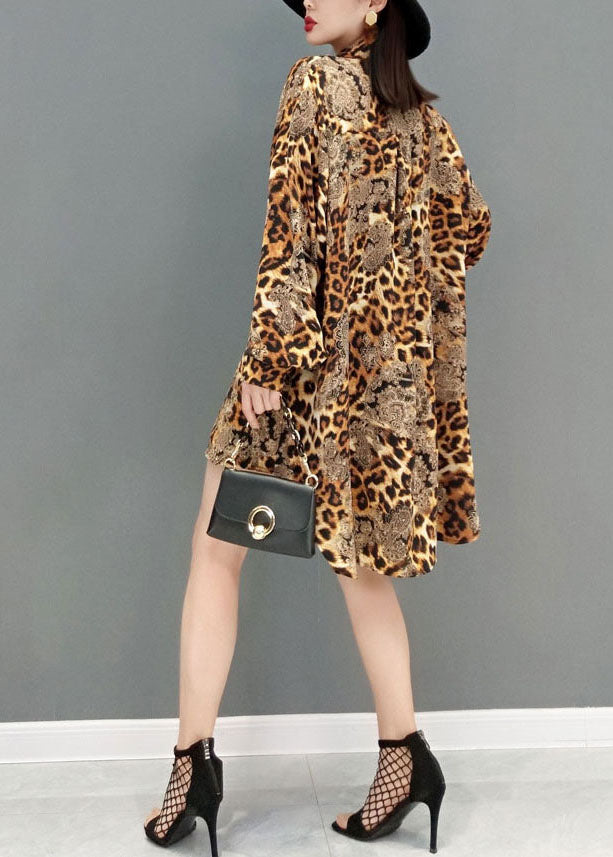 Einzigartige Khaki Leopard Print Patchwork Quaste Chiffon Bluse Tops Frühling