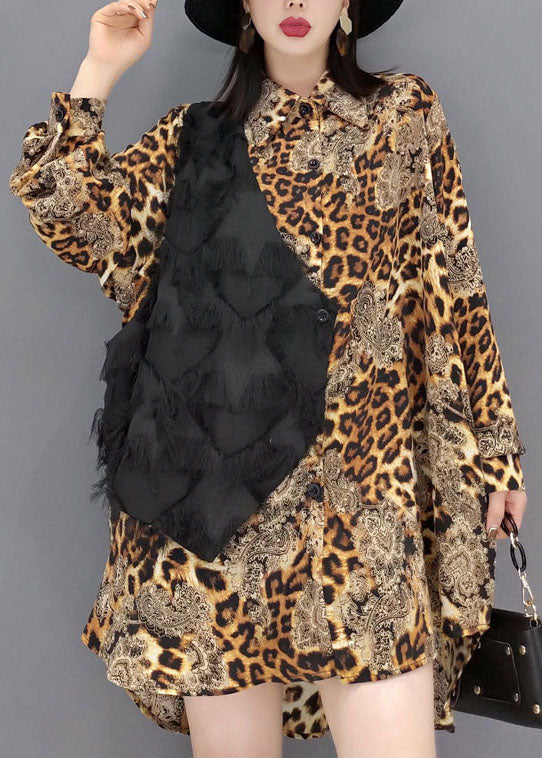 Einzigartige Khaki Leopard Print Patchwork Quaste Chiffon Bluse Tops Frühling