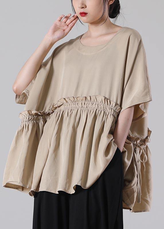 Unique Khaki O-Neck Cotton Loose Top Summer - SooLinen