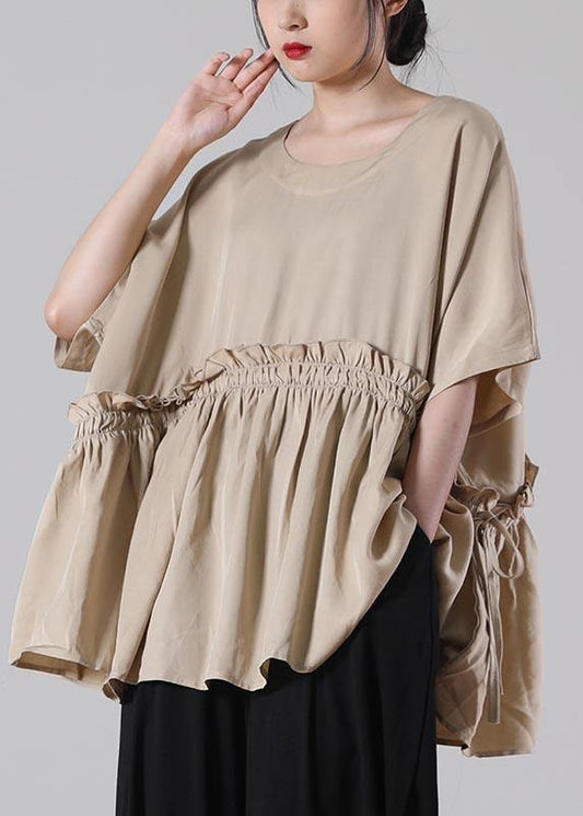 Unique Khaki O-Neck Cotton Loose Top Summer - SooLinen