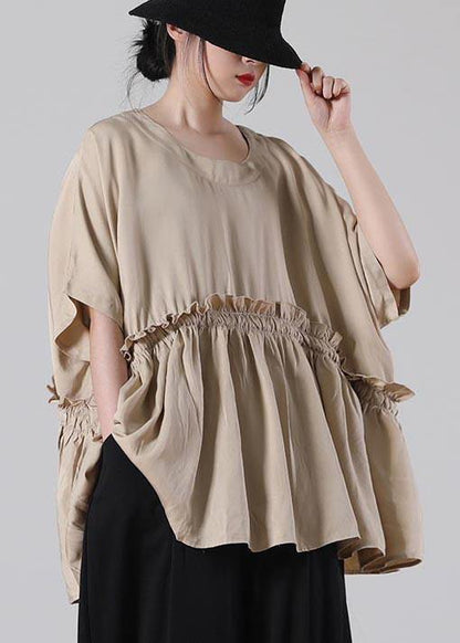 Unique Khaki O-Neck Cotton Loose Top Summer - SooLinen