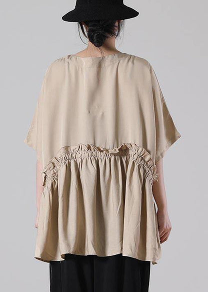 Unique Khaki O-Neck Cotton Loose Top Summer - SooLinen