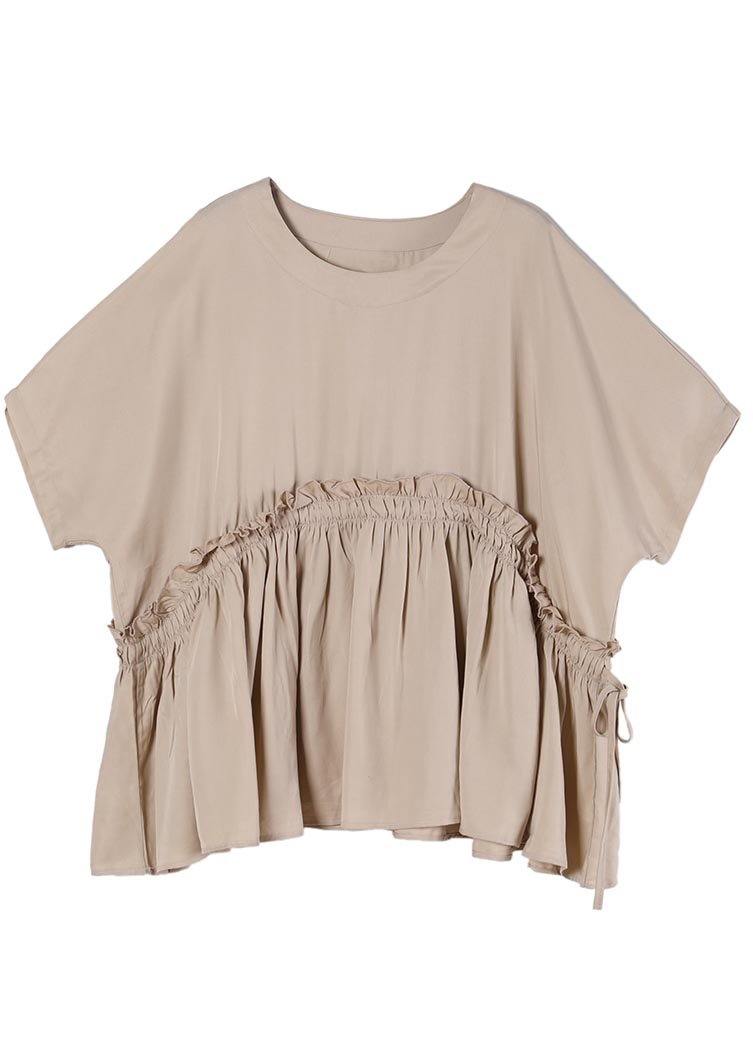 Unique Khaki O-Neck Cotton Loose Top Summer - SooLinen