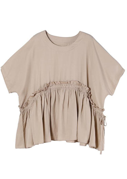 Unique Khaki O-Neck Cotton Loose Top Summer - SooLinen